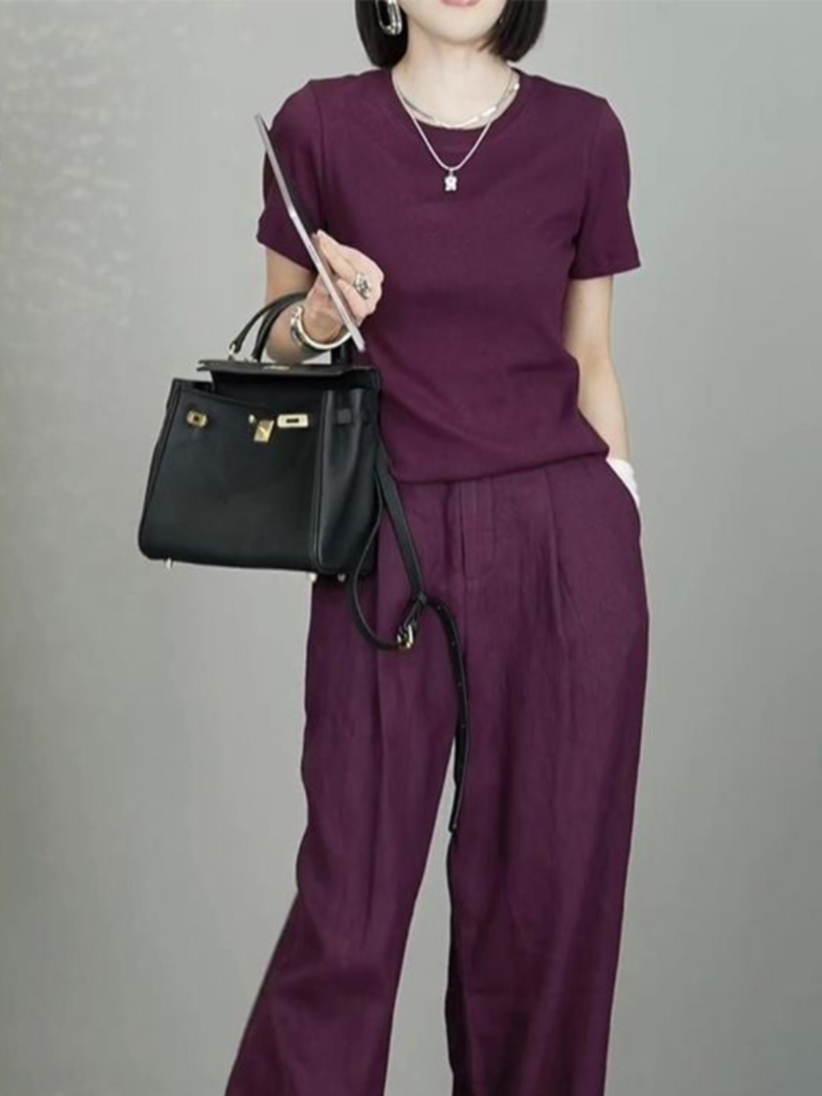 阔腿裤紫2023整套套装夏季新款潮流洋气圆领T恤女两件套乌梅一酱