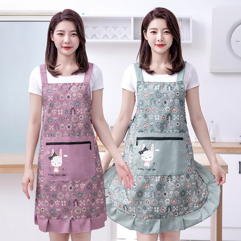 小清新时尚加厚竹节棉布围裙家用厨房韩版女洋气花边背带做饭围腰