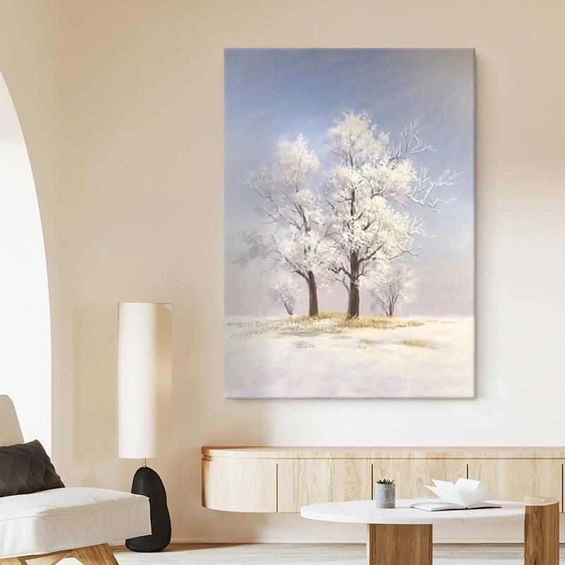 冰天雪地白杨树手绘油画雪景日出纯白色装饰画客厅挂画玄关肌理画
