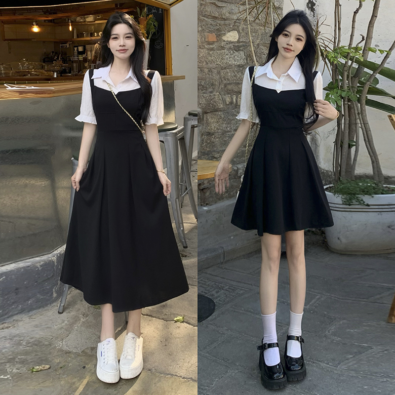 黑色假两件连衣裙法式收腰显瘦赫本风小众衬衫设计感长短裙