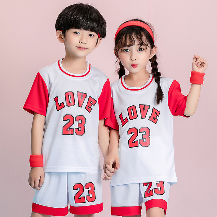儿童女大童多色篮球服热爱生活表演服萌娃印号短袖学校运动演出服