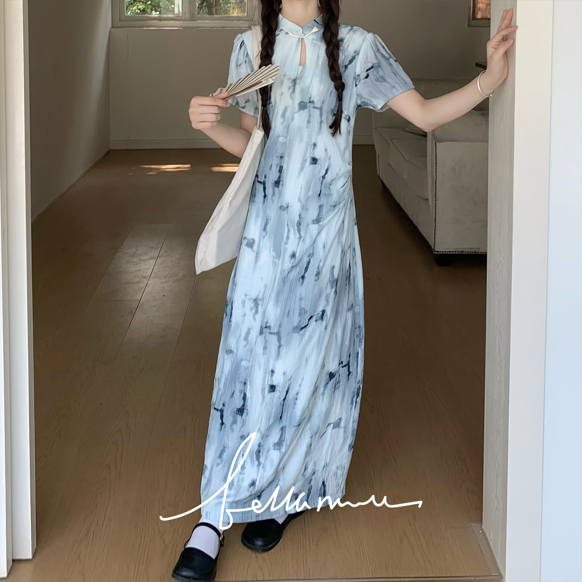 【BM4.23新品】优雅的新中式水墨晕染蓝收腰连衣裙显瘦甜美长裙夏