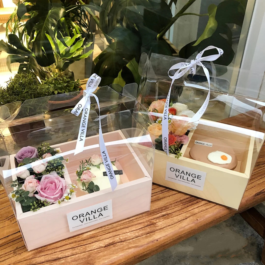 鲜花蛋糕礼盒一体盒pvc手提水果花盒透明伴手礼盒新年鲜花包装盒