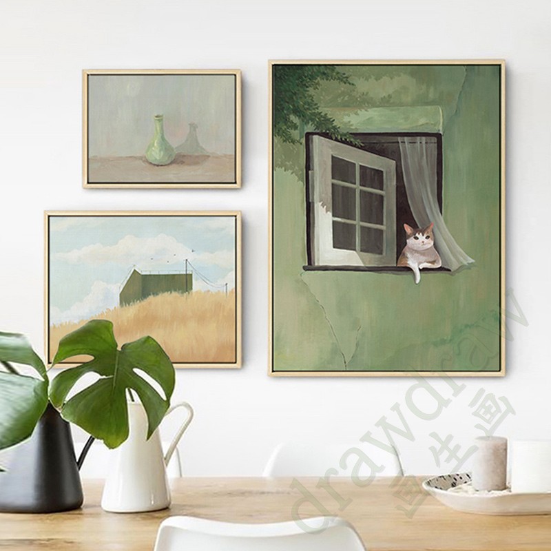 北欧简约绿色抽象手绘油画风景窗外猫咪花瓶组合沙发背景装饰挂画