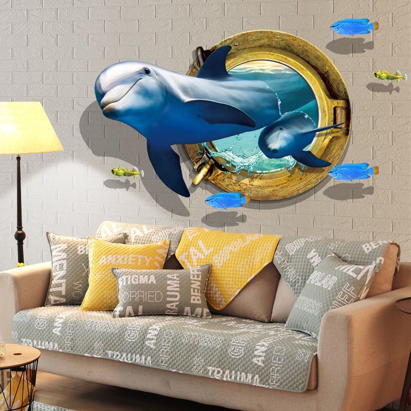 3d海洋世界卡通贴纸装饰海豚贴画防水游泳馆儿童房可爱动漫简约