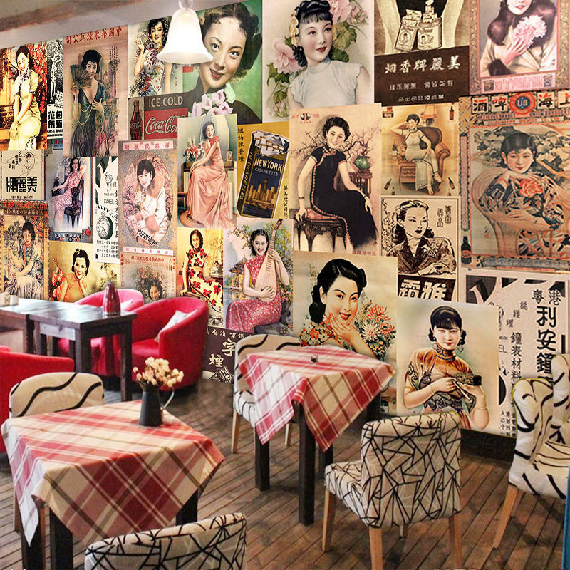 老上海民国风格背景墙纸壁画复古装饰旗袍画报广告装修旧报纸壁纸