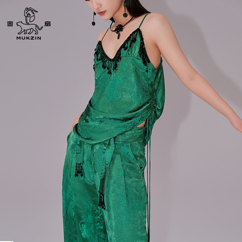 【蒋依依同款】密扇2024夏季新款绿色黑色新中式吊带时尚高级套装