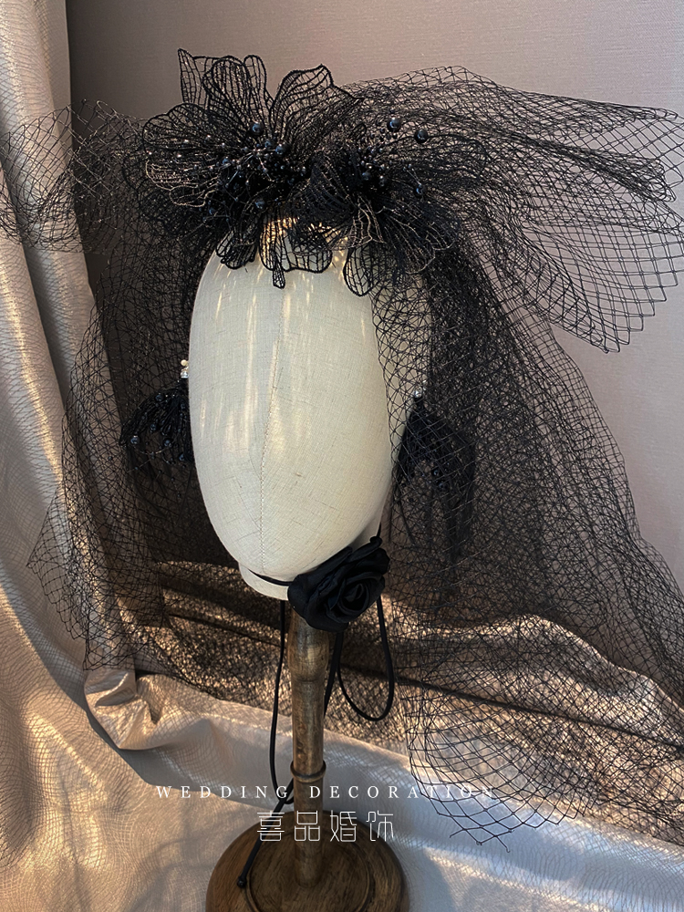 喜品新娘创意个性黑色蕾丝网纱头饰头纱耳环颈带拍照黑色礼服发饰