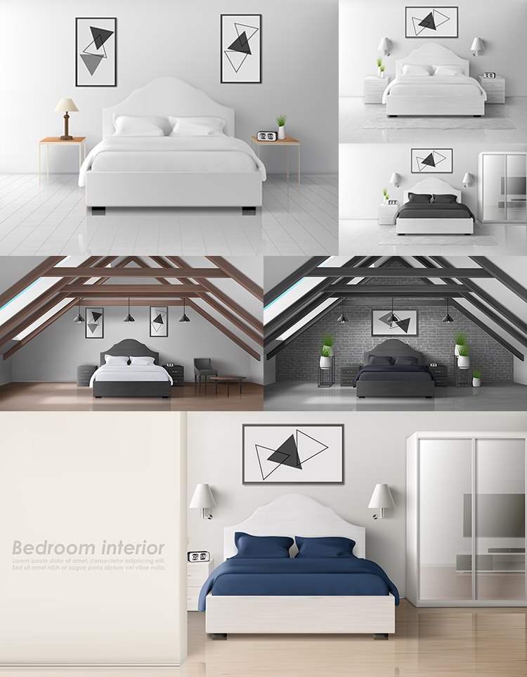 欧式风格卧室设计 现代家居房间布置装修格局 AI格式矢量设计素材