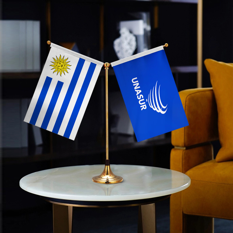 南美洲国家联盟UNASUR+乌拉圭国旗 Y型双杆钛金桌旗 贡缎旗面