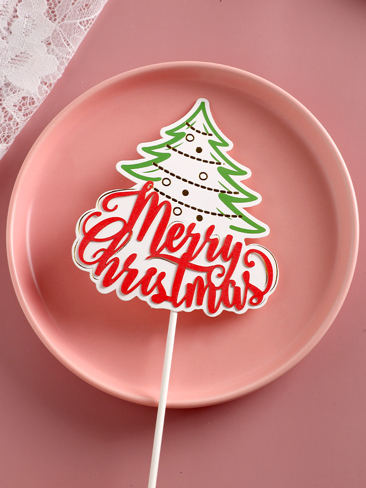 圣诞节奶油蛋糕插件纸棍插牌手绘圣诞树拐杖铃铛圣诞帽甜品装饰