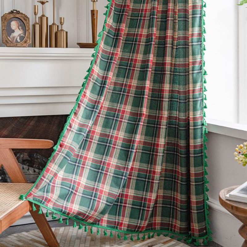 美式绿色格子复古窗帘半遮光客厅阳台飘窗挂钩棉麻布艺背景布拍摄
