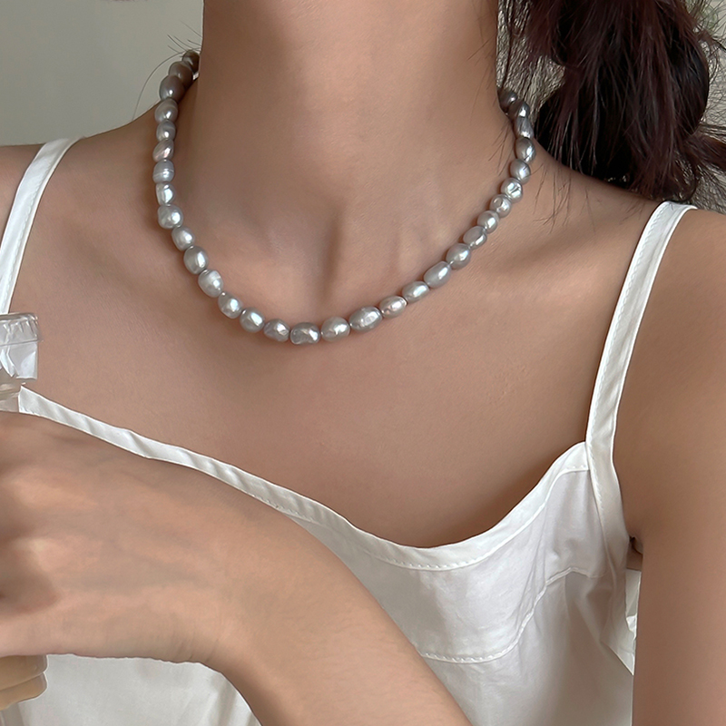 925纯银天然异形巴洛克灰色珍珠项链女毛衣链轻奢小众高级感饰品