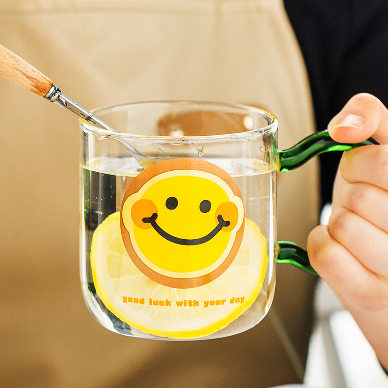lototo可爱好看的笑脸卡通图案带盖带勺耐热玻璃马克杯子水杯茶杯