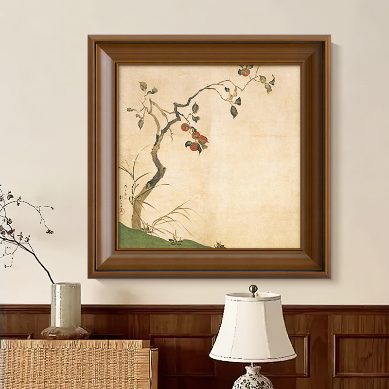 《柿柿如意》法式中古风客厅装饰画日式复古花卉厨房餐厅线稿挂画