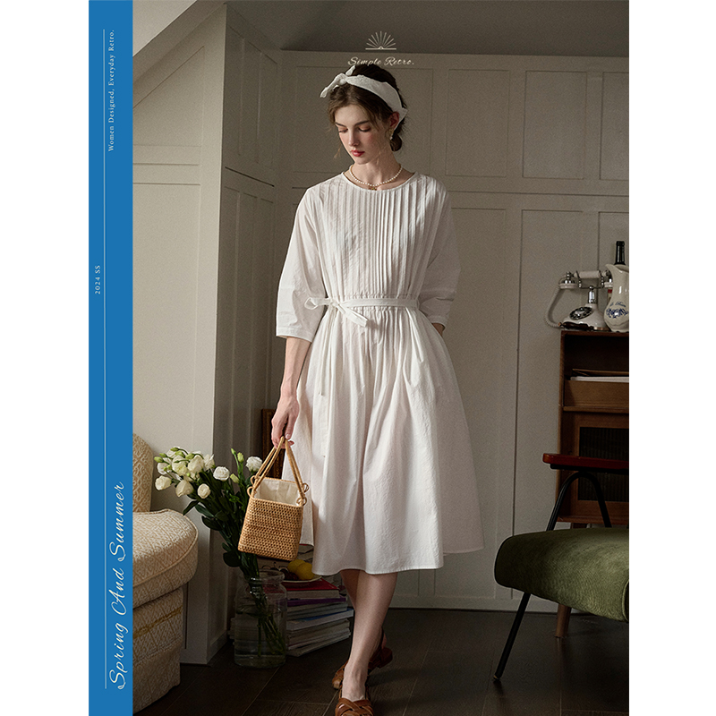 SimpleRetro折纸香氛 法式设计感压褶白色连衣裙女春气质小白裙子