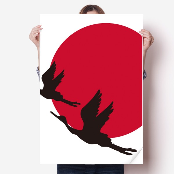 日本文化红黑和风飞翔仙鹤海报贴纸80x55cm墙贴纸卧室家居装饰