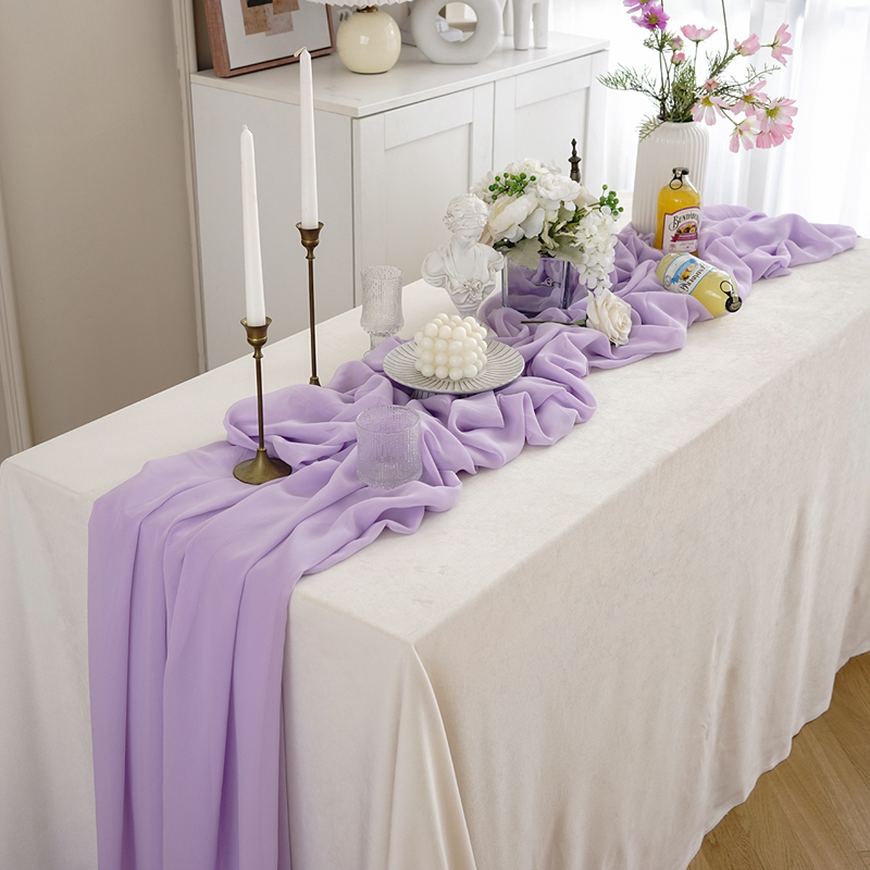 春天紫色雪纺纱桌布甜品台桌巾户外婚礼庆生日宴会背景布装饰桌旗