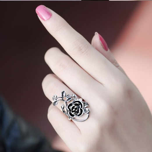 时尚潮日韩版潮人简约森系银色玫瑰花夸张开口可调节食指戒指环女