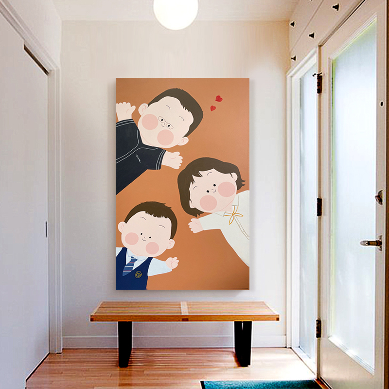 定制客厅简约人物卡通全家福丙烯颜料纯手绘玄关沙发油画