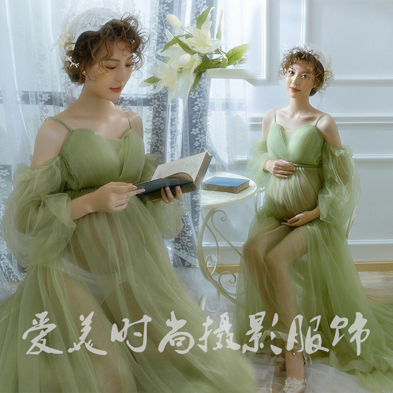 新款影楼主题孕妇写真服装森系梦幻绿色纱裙礼服拍照衣服摄影服饰