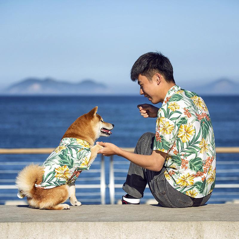 宠物夏季亲子装沙滩花色衬衫柴犬狗狗和主人同款衣服薄款透气炸街
