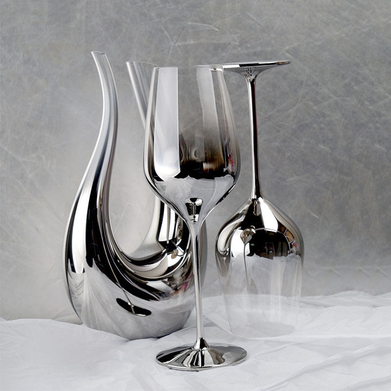 水晶玻璃电镀银灰色渐变美式红酒杯子金属感香槟杯装饰高脚杯醒酒