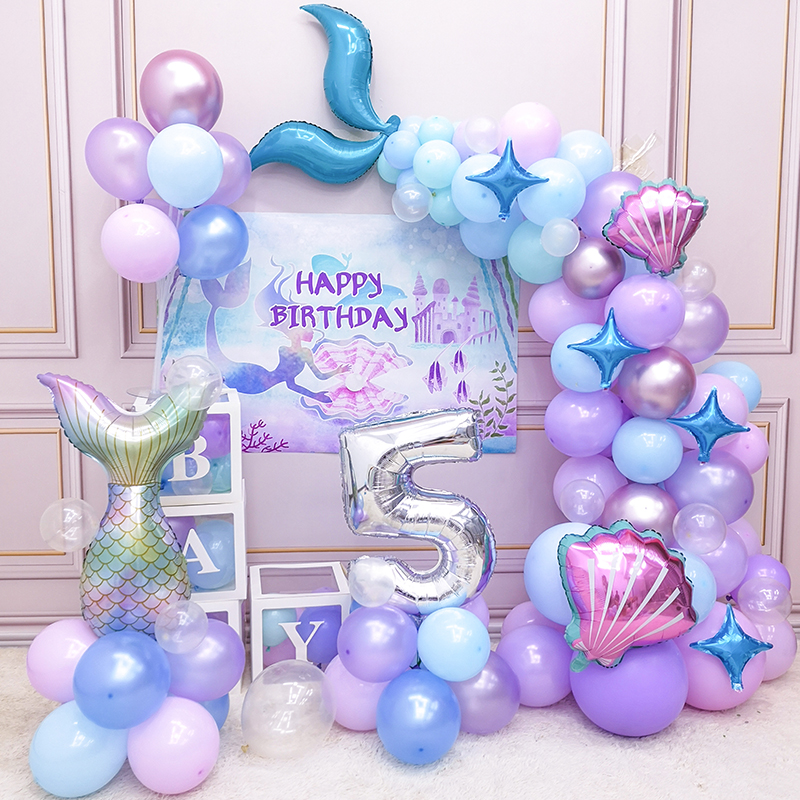 美人鱼主题派对女孩生日背景布置海报紫色气球周岁百天公主装饰