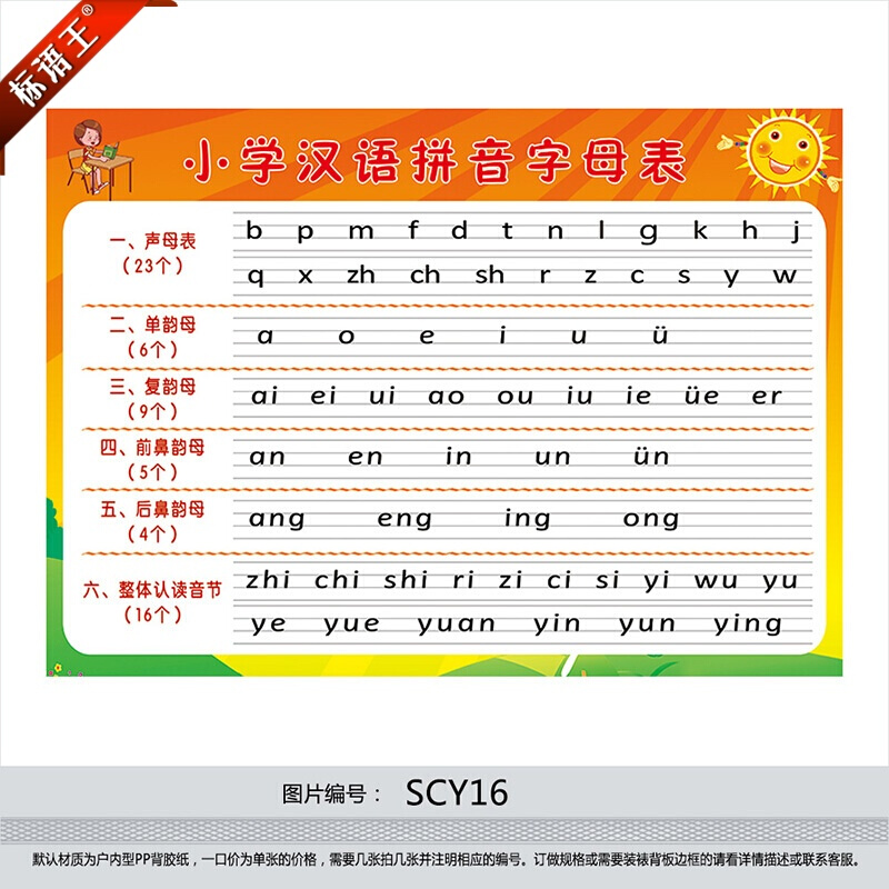 小学生汉语拼音字母表海报幼儿教育防水艺术布背胶贴纸SCY16