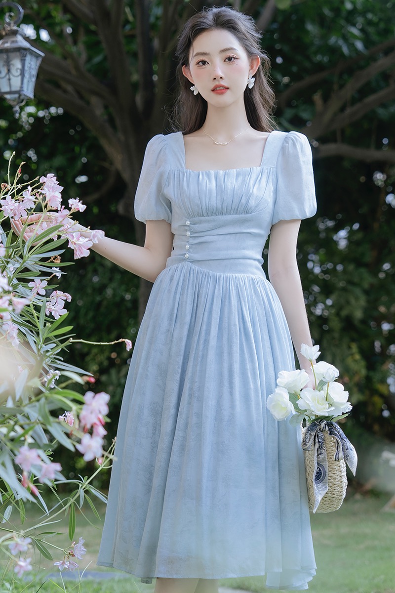 法式迪士尼蓝色在逃公主礼服裙油画宫廷风吊带连衣裙仙气超仙森系