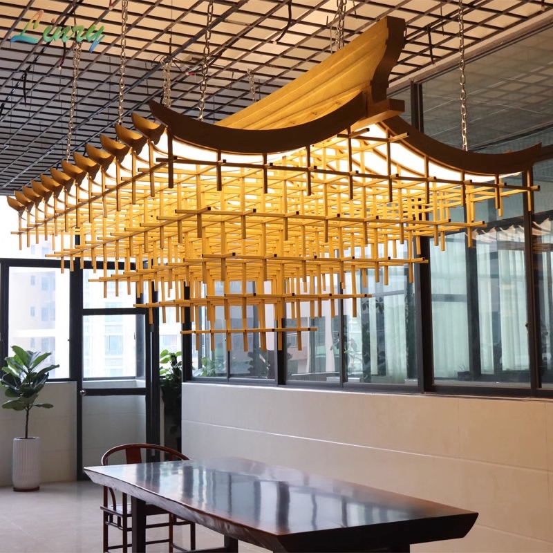 新中式售楼部沙盘吊灯禅意餐厅灯复古宫殿造型房子灯创意木艺灯具