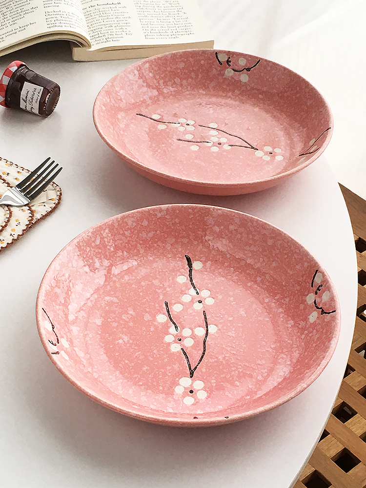 Annie Garden   8寸日式手绘浮雕雪花粉色陶瓷釉下彩菜盘家用盘子