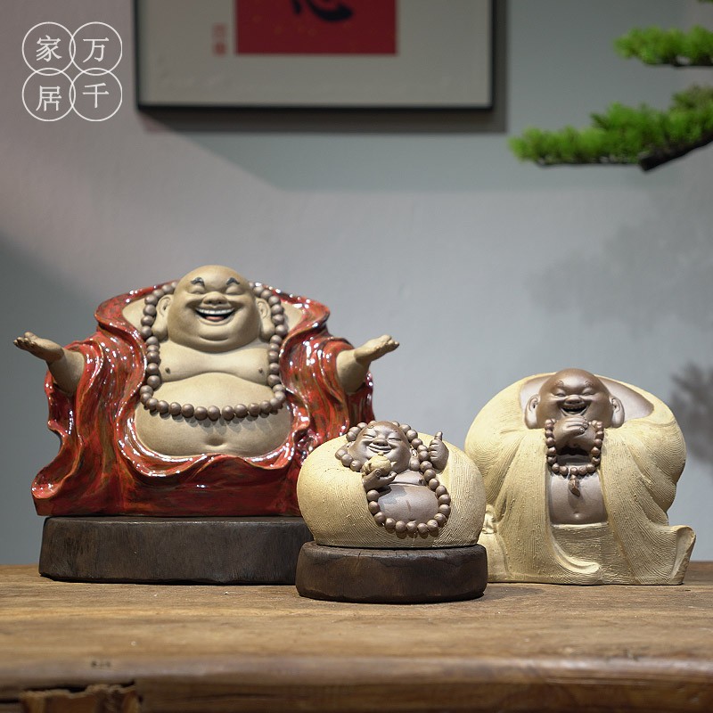 新中式手工陶瓷弥勒佛禅意摆件 客厅博古架茶室家居佛像恭喜发财