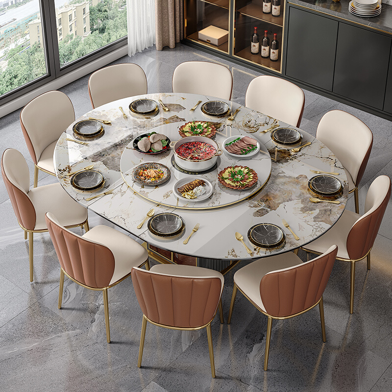 轻奢潘多拉岩板餐桌多功能转盘家用椭圆形可伸缩带电磁炉变形饭桌