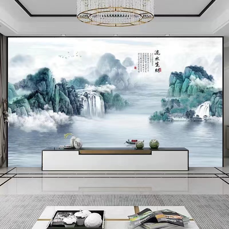 3D新中式自粘山水风景墙贴画电视沙发背景墙中国风客厅装饰壁画