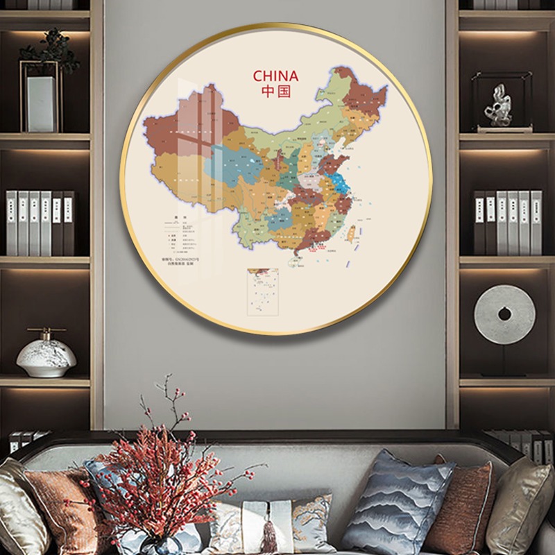 简约圆形玄关装饰画世界中国省份地图客厅餐厅书房办公室墙壁挂画
