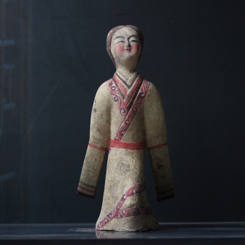 汉代陶器舞蹈甩袖女陶俑手工彩绘人物艺术品博古架摆件收藏老物件