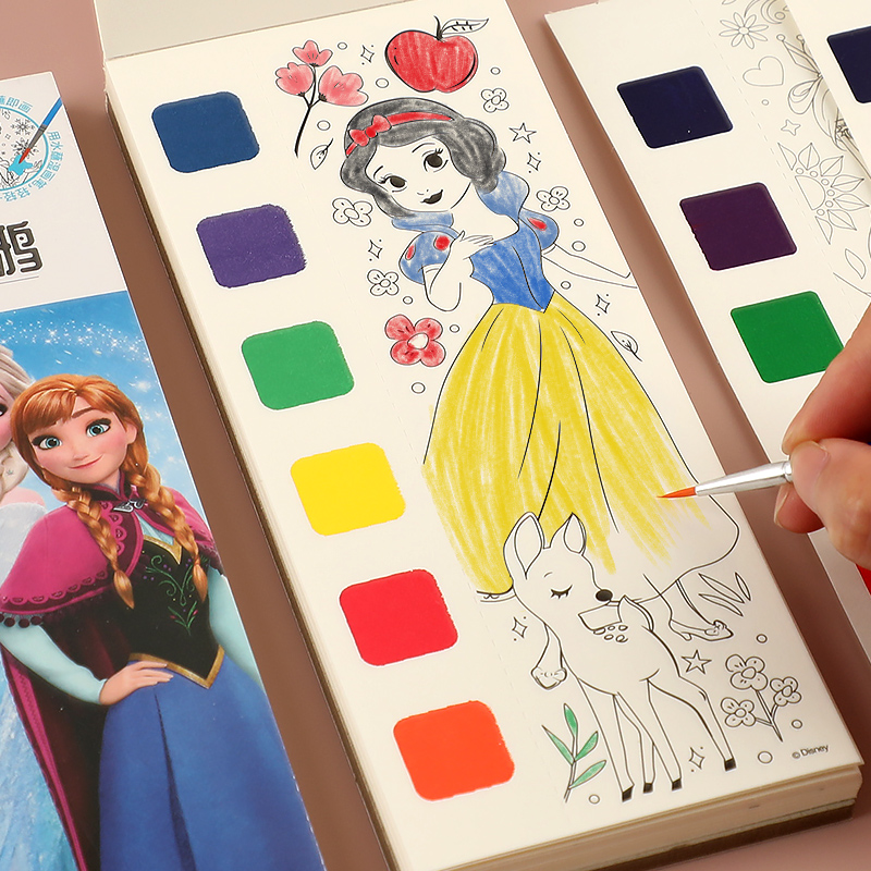 迪士尼儿童水彩涂色本3-6岁创意涂鸦沾水绘画卡册小女孩线稿填色