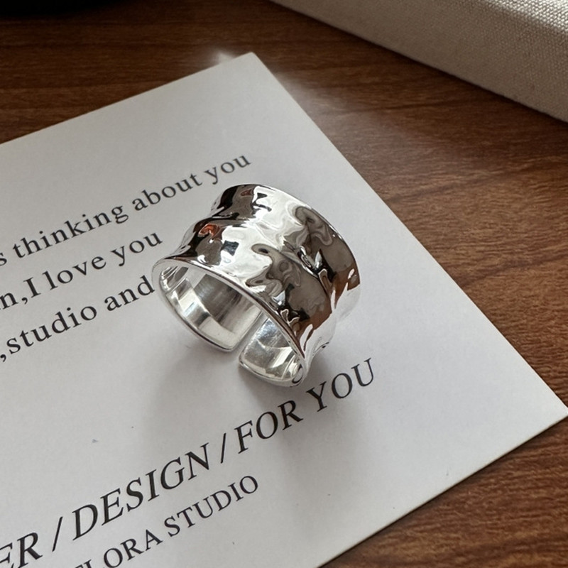 韩版S925纯银小众设计重工宽面肌理戒指女时尚个性食指指环高级感