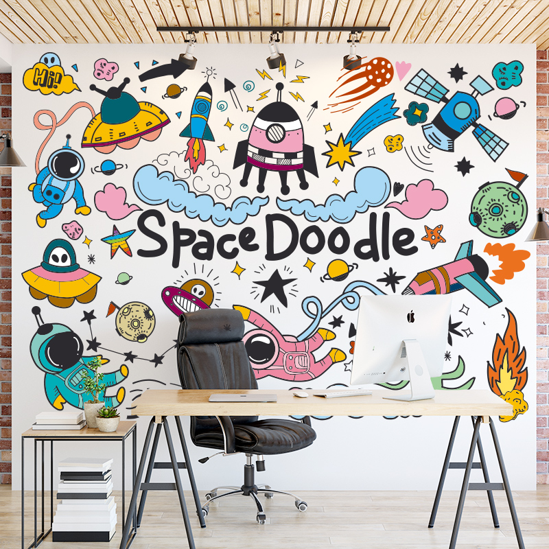 太空人宇航员飞船外星人涂鸦贴纸科学试验室背景墙装饰贴画幼儿园