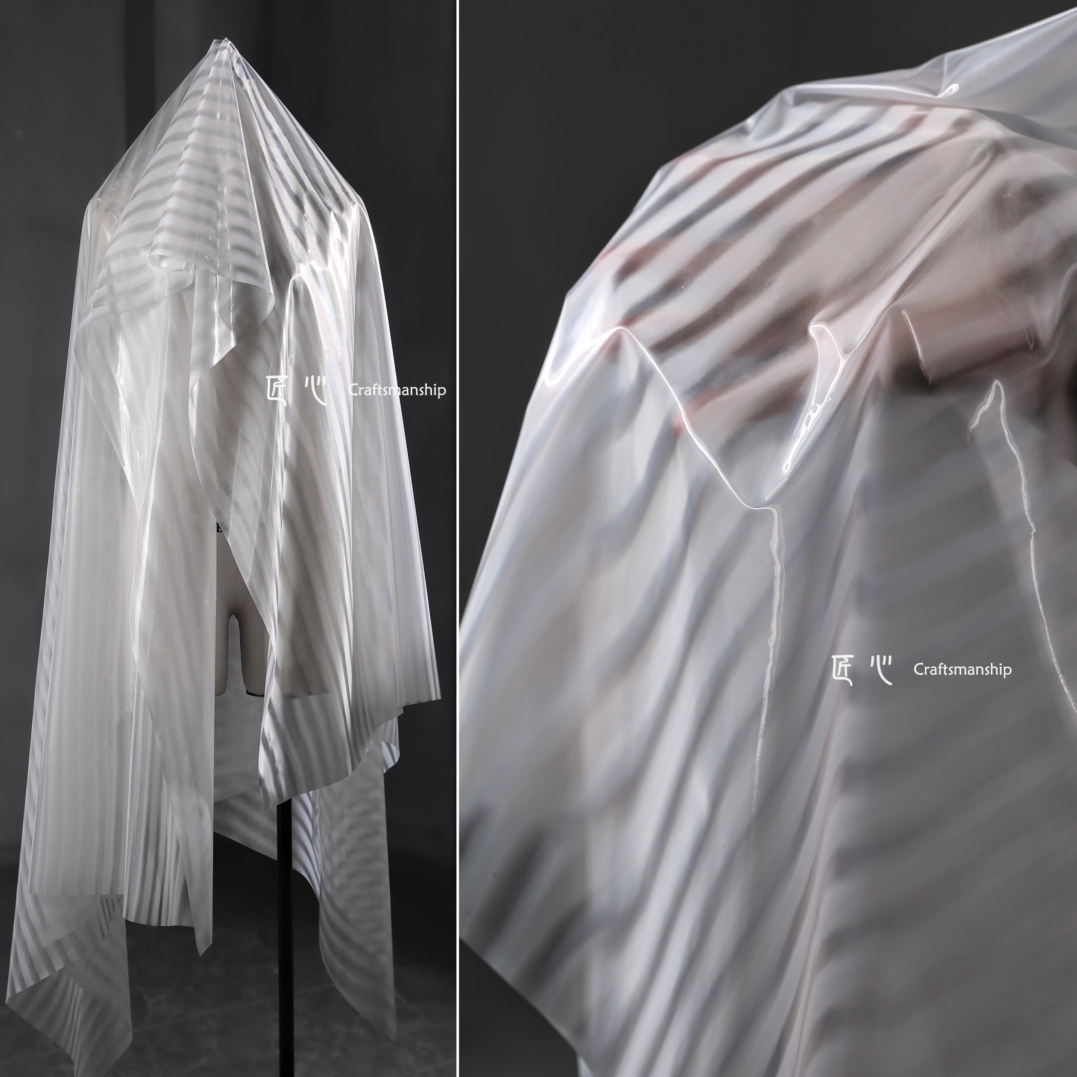 白雾幻影条形TPU 科技未来感半透明防水羽绒服风衣服装设计师面料