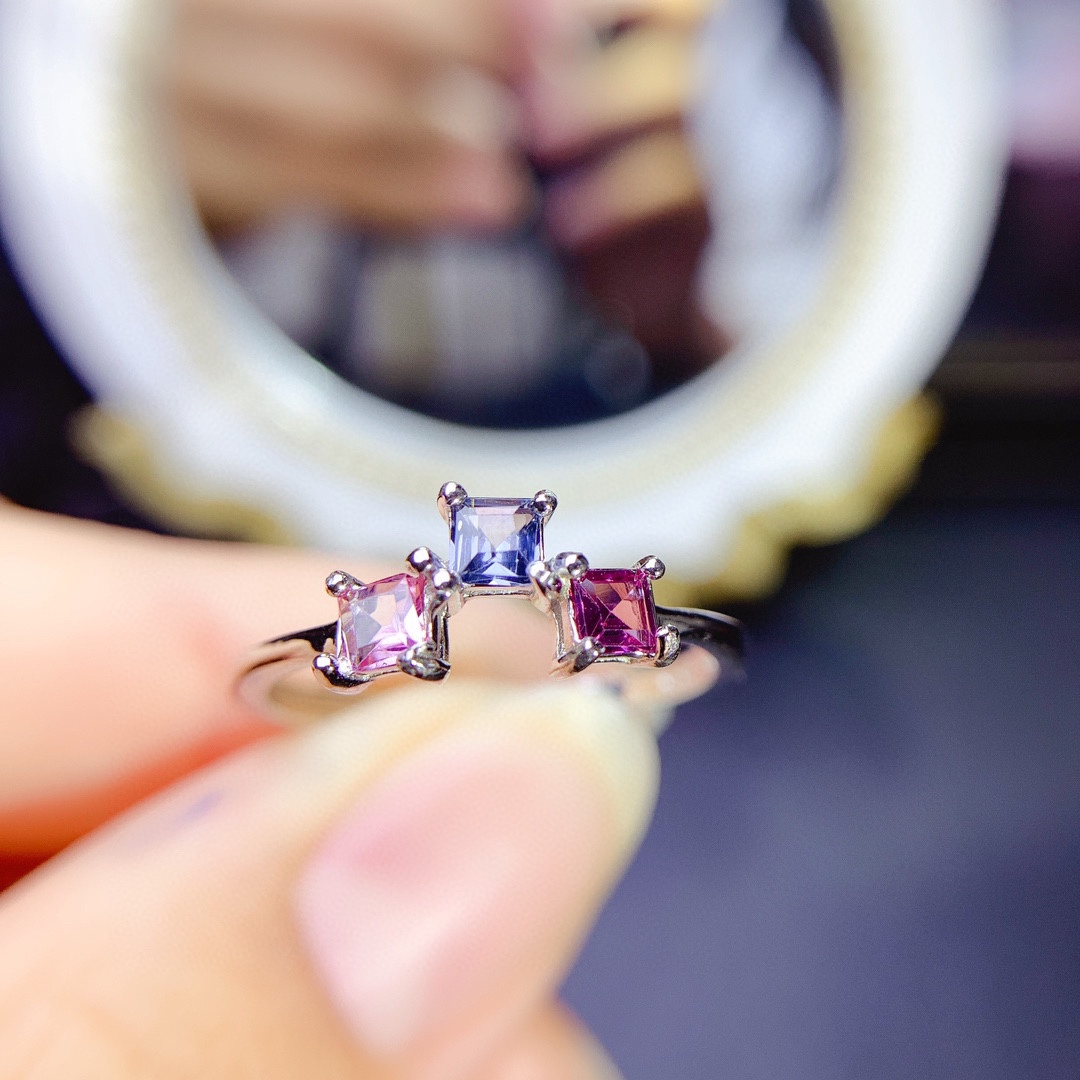 S925银饰戒指空托方形3*3mm简约清新排戒托镶彩色蓝宝石水晶