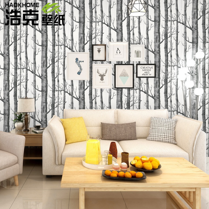 简约3Dwallpaper白桦树墙纸黑白树林无纺布仿木纹电视电视墙壁纸