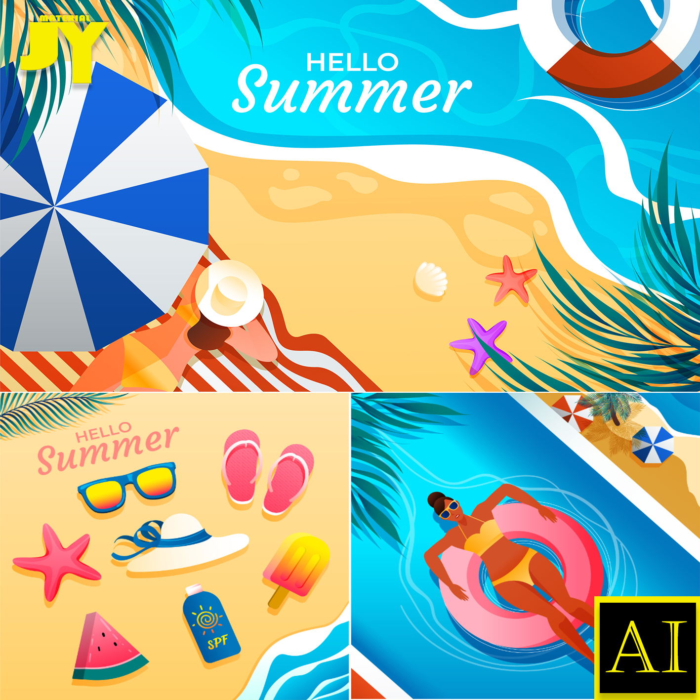 遮阳伞游泳圈扁平化人物椰汁阳光沙滩清凉夏日渡假海报插画AI素材