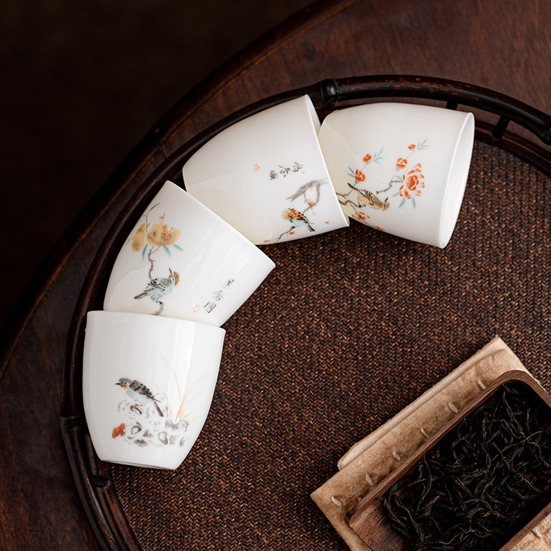 中式陶瓷品茗杯主人杯羊脂玉花鸟喝茶杯子茶碗功夫茶具白瓷小茶盏
