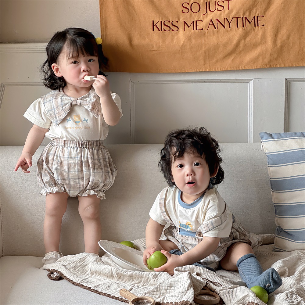 夏季韩国龙凤双胞胎卡通婴童短袖两件套女兄妹装背带裤套装外出服