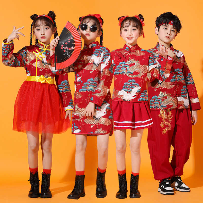 六一儿童演出服男童中式唐装小学生啦啦队中国风女童旗袍走秀服装