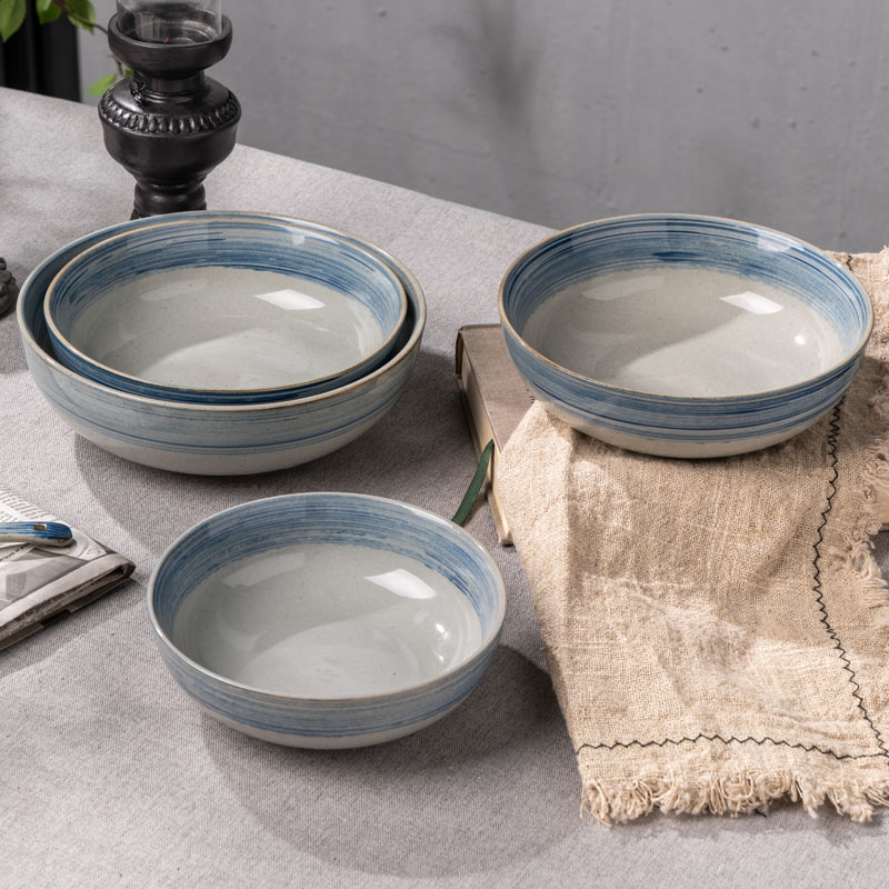 日式陶瓷矮碗单个家用复古罗汉碗蓝色面汤碗景德镇手绘釉下彩餐具
