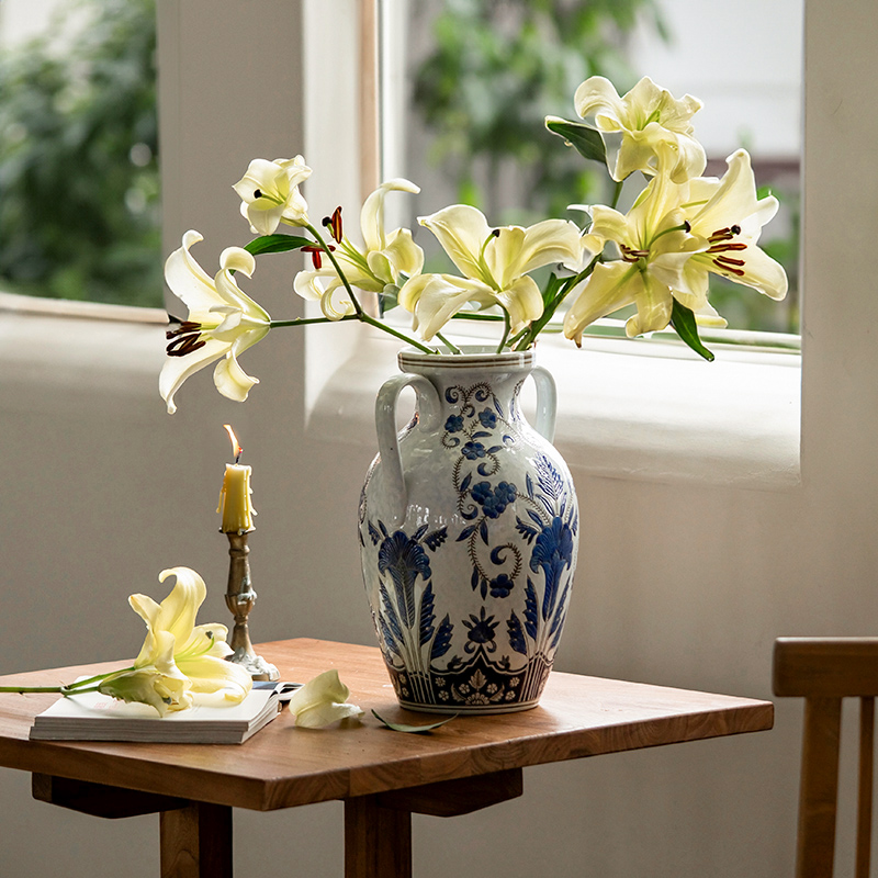 新中式双耳陶瓷青花瓷花瓶客厅玄关装饰复古水培百合富贵竹插花