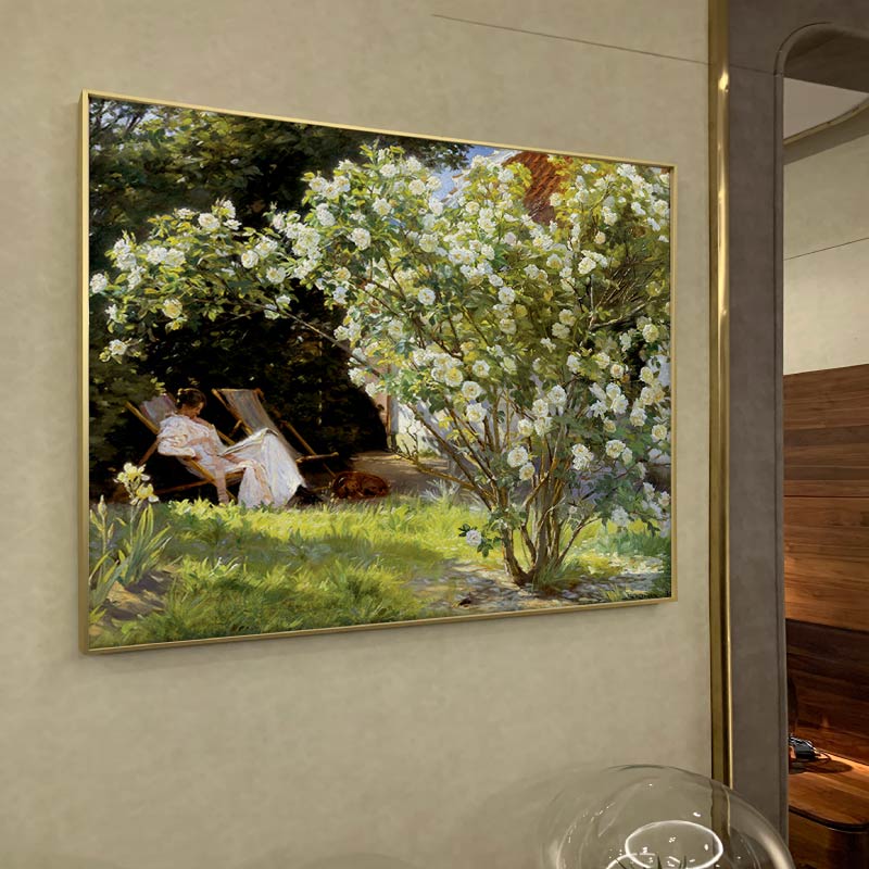 柯罗耶白玫瑰花园里的玛丽风景乡村高清印制油画纯棉布画芯装饰画